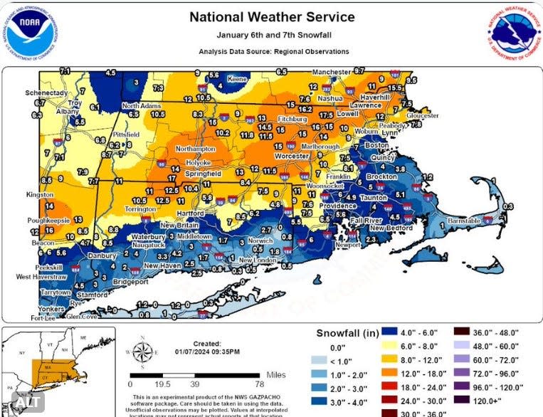 This National Weather Service graphic shows how much snow fell in Southern New England this weekend.