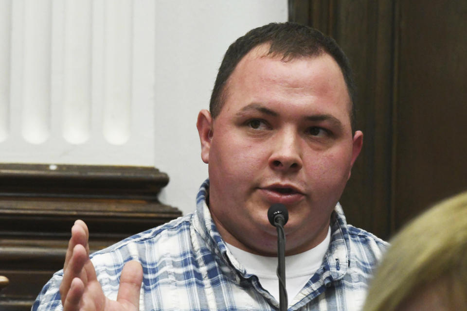 Ryan Balch testifies during the Kyle Rittenhouse trial at the Kenosha County Courthouse in Kenosha, Wis., on Thursday, Nov. 4, 2021. Rittenhouse is accused of killing two people and wounding a third during a protest over police brutality in Kenosha, last year. (Mark Hertzberg /Pool Photo via AP)