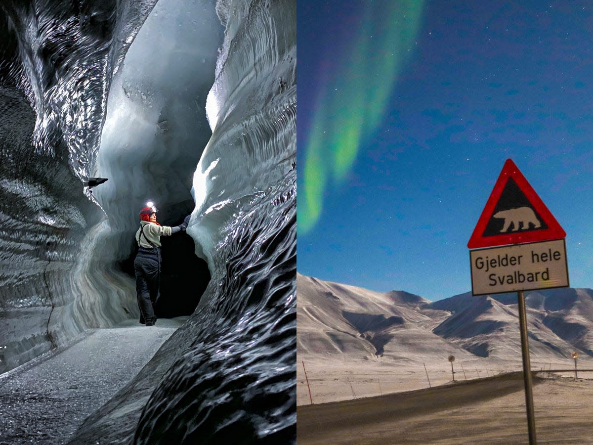 The writer in a cave; Northern lights with a sign with a polar bear in front of mountains