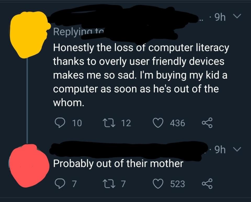 "The loss of computer literacy thanks to overly user friendly devices makes me so sad; I'm buying my kid a computer as soon as he's out of the whom"; response: "Probably out of their mother"