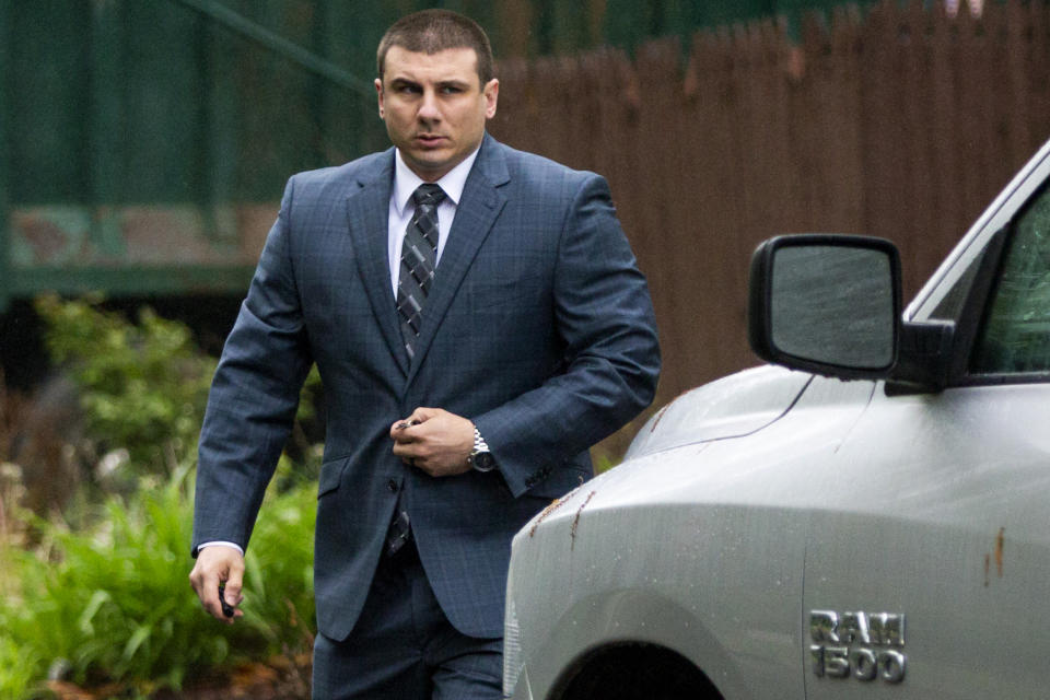 New York City police officer Daniel Pantaleo leaves his house Monday, May 13, 2019, in Staten Island, N.Y. A long-delayed disciplinary trial is set to begin Monday for Pantaleo, accused of using a banned chokehold in the July 2014 death of Eric Garner. (AP Photo/Eduardo Munoz Alvarez)