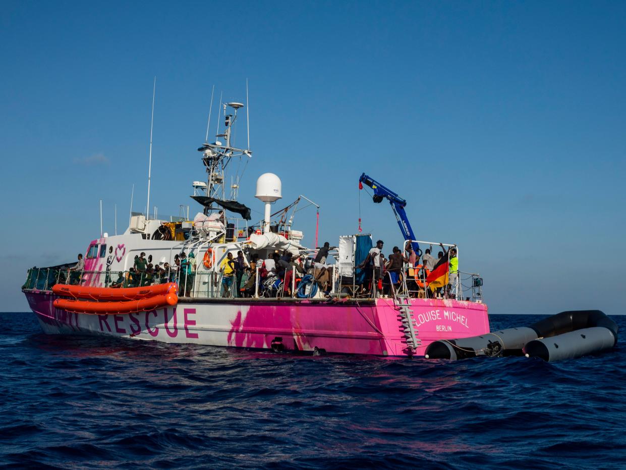 The Louise Michel rescue vessel with people rescued on board, including pregnant women and children, and 1 dead body, after 2 rescue operations on the high seas in the past days, 70 miles south west Malta, Central Mediterranean sea, Saturday, Aug. 29, 2020.