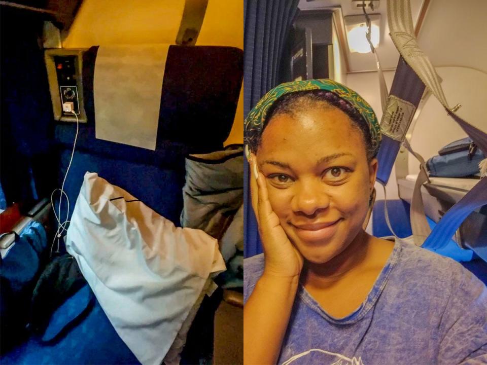 sleeper car seat on amtrak on left, Sojourner White smiling in front of top bunk on right