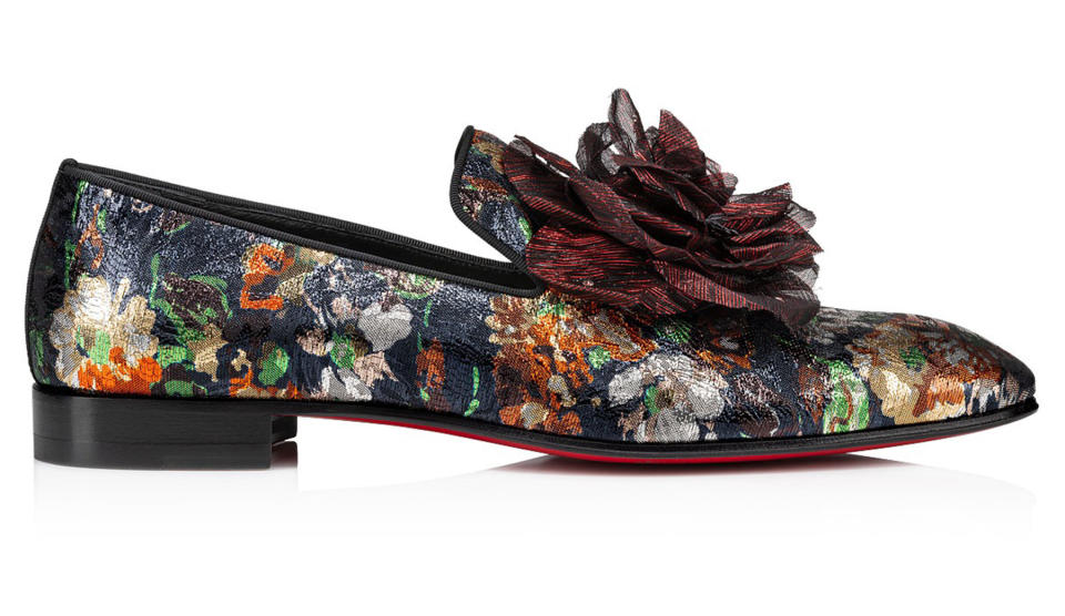 Christian Louboutin, loafers, flower loafers, rose loafers, jacquard loafers, mens loafers, slip on loafers, printed loafers, black loafers