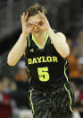 KANSAS CITY, MO - MARCH 09: Brady Heslip #5 of the Baylor Bears celebrates a three pointer in the second half against the Kansas Jayhawks during the semifinals of the 2012 Big 12 Men's Basketball Tournament at Sprint Center on March 9, 2012 in Kansas City, Missouri. (Photo by Jamie Squire/Getty Images)