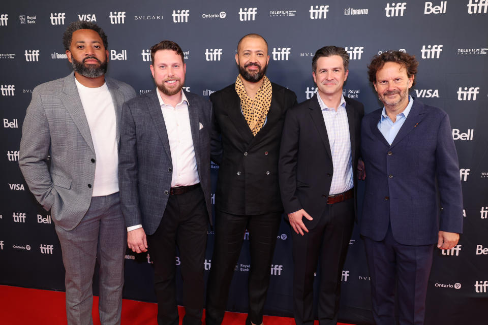 Jermaine Johnson, Producer, Nikos Karamigios, Producer, Cord Jefferson, Director/Writer/Producer, Ben LeClair, Producer, and Ram Bergman, Executive producer, at the American Fiction world premiere celebration hosted by Orion Pictures and Audi Canada at MaximeÕs during the 2023 Toronto International Film Festival on Friday, September 8th.