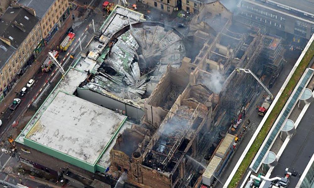 Aerial view of the smoldering ruins of the Glasgow School of Art