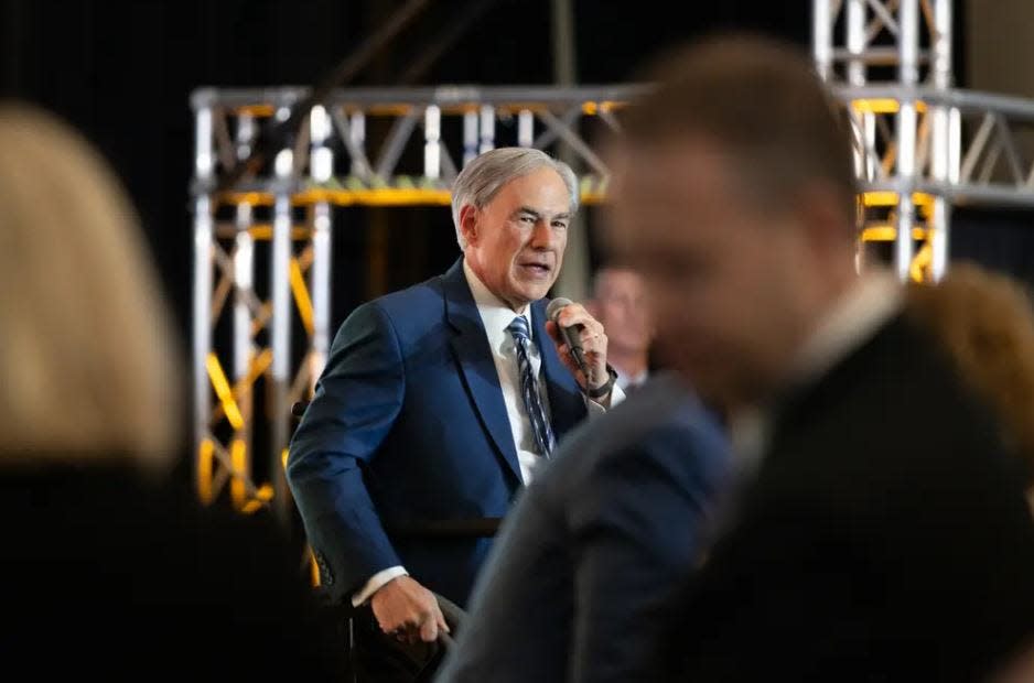 Gov. Greg Abbott speaks during the opening keynote lunch at the Texas Public Policy Foundation Texas Policy Summit 2024 in Austin on March 20, 2024. Gov. Abbott spoke about border security and cartels, school choice for parents of Texas children and the ban of DEI at Texas universities.