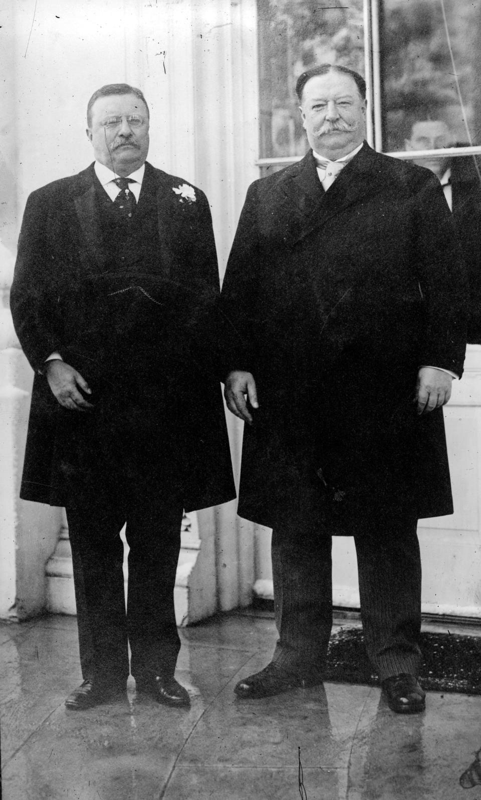 Theodore Roosevelt, left, and William Howard Taft standing together on Jan. 1, 1912. <a href="https://www.gettyimages.com/detail/news-photo/news-photo/2664156?phrase=william%20howard%20taft&adppopup=true" rel="nofollow noopener" target="_blank" data-ylk="slk:Topical Press Agency/Getty Images;elm:context_link;itc:0;sec:content-canvas" class="link ">Topical Press Agency/Getty Images</a>