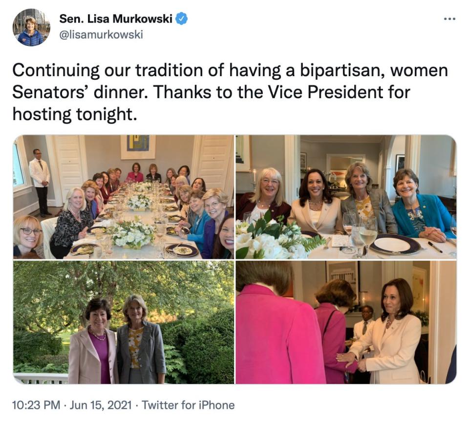 A screenshot of Senator Lisa Murkowski's tweet about a dinner for women senators held at the vice president's residence