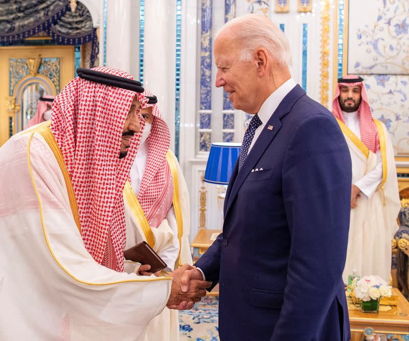 Saudi King Salman bin Abdulaziz receives U.S. President Joe Biden at Al Salman Palace upon his arrival in Jeddah