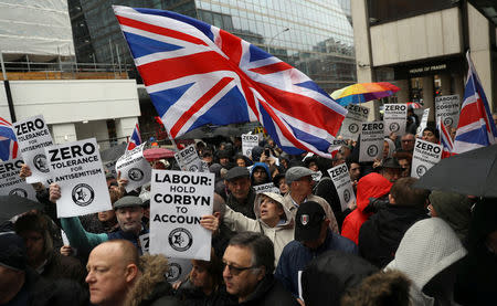 FILE PHOTO: Demonstrators take part in an antisemitism protest outside the Labour Party headquarters in central London, Britain April 8, 2018. REUTERS/Simon Dawson