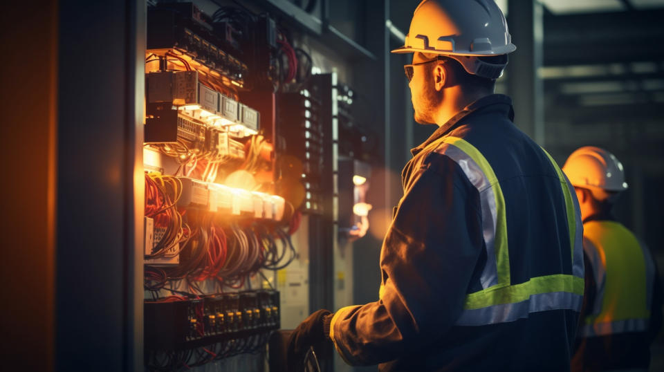 Workers in hard hats installing a transformer in a power plant.