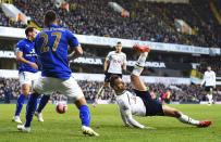 Tottenham Hotspur's Roberto Soldado (R) fails to connect with an overhead kick against Leicester City during their FA Cup fourth round soccer match at White Hart Lane in London, January 24, 2015. REUTERS/Dylan Martinez (BRITAIN - Tags: SPORT SOCCER)