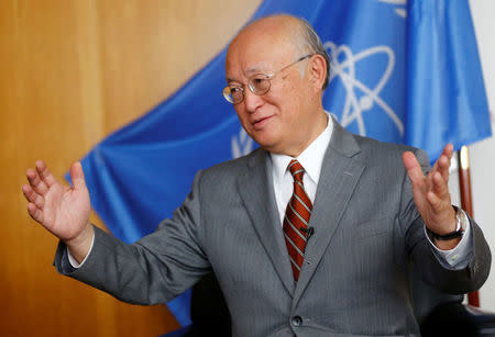 International Atomic Energy Agency (IAEA) Director General Yukiya Amano gestures during an interview with Reuters at the IAEA headquarters in Vienna, Austria September 26, 2017. REUTERS/Leonhard Foeger