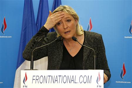 Marine Le Pen, France's far-right National Front political party leader, delivers a speech after the first round mayoral election in Nanterre, March 23, 2014. REUTERS/Benoit Tessier