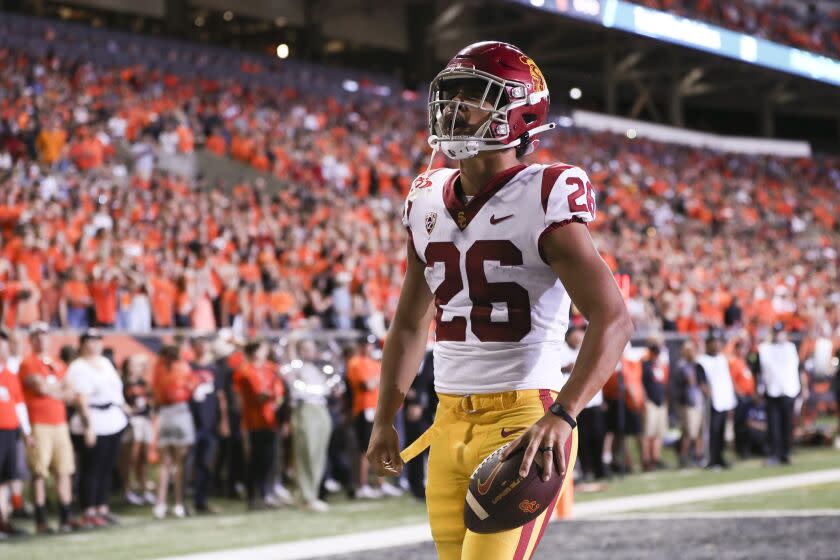 Southern California running back Travis Dye reacts after scoring a touchdown during an NCAA college football game against Oregon State Saturday, Sept. 24, 2022, in Corvallis, Ore. Southern California won 17-14.(AP Photo/Amanda Loman)