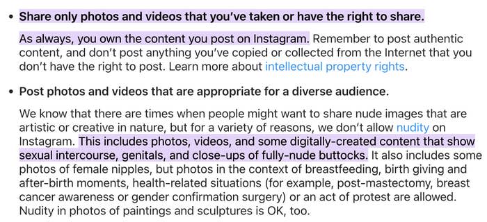 Screenshot of Instagram community guidelines