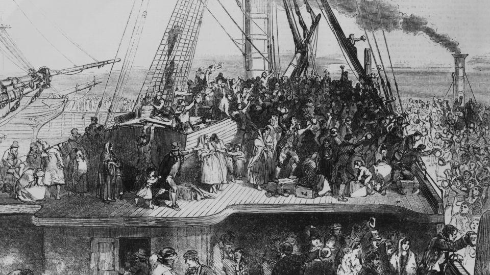 This 1850 illustration depicts Irish emigrants sailing to the US on an overcrowded ship during the potato famine. "Almost all of these passengers would have been required to squeeze into the steerage compartment at night and during storms," Anbinder writes. - Illustrated London News/Hulton Archive/Getty Images