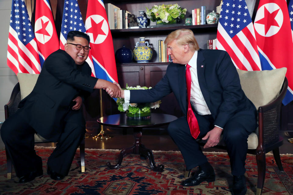 U.S. President Donald Trump shakes hands with North Korea’s leader Kim Jong Un before their bilateral meeting got underway. Source: Reuters