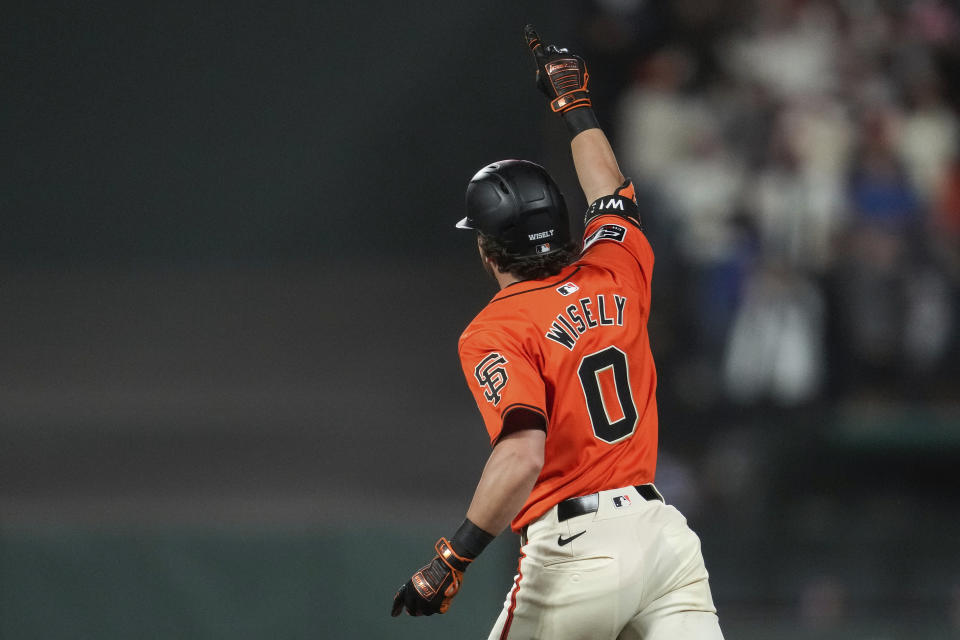 San Francisco Giants' Brett Wisely celebrates after hitting a game-winning, two-run home run against the Los Angeles Dodgers during the ninth inning of a baseball game Friday, June 28, 2024, in San Francisco. (AP Photo/Godofredo A. Vásquez)