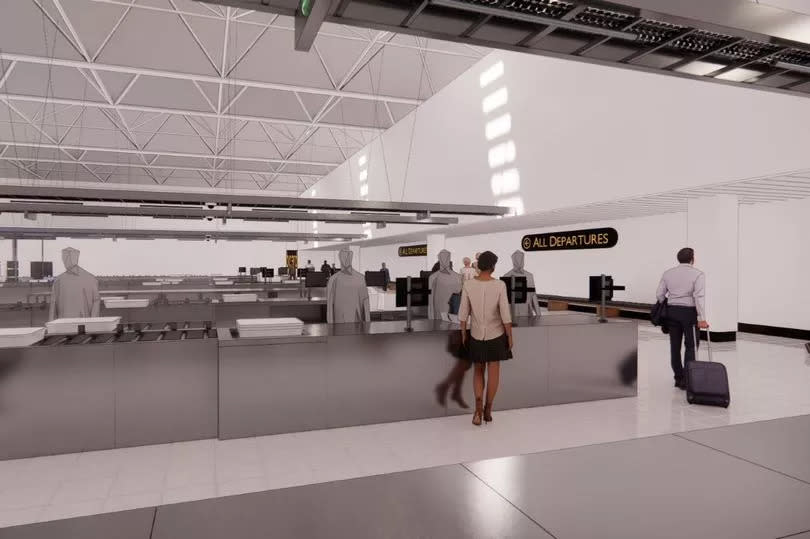 CGIs showing Birmingham Airport's new security hall ahead of upgrade. Pictured: security lanes -Credit:BHX