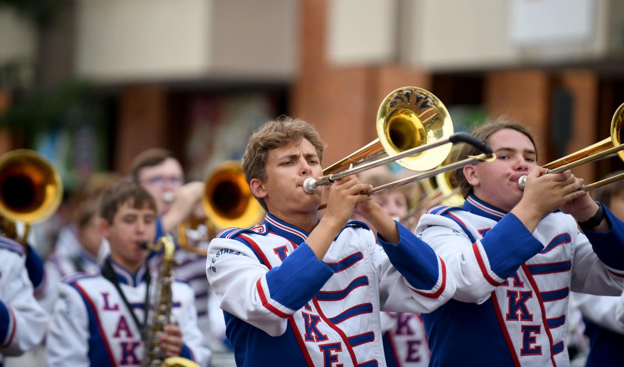 The Lake Local High School Marching Band performs in the 2022 Pro Football Hall of Fame Enshrinement Festival Canton Repository Grand Parade.