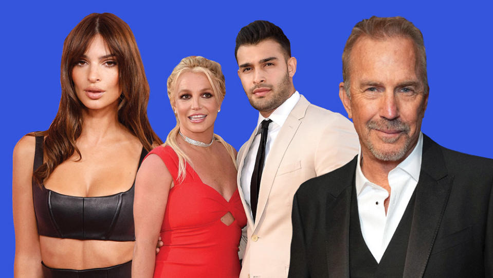 From left: Emily Ratajkowski, Britney Spears (pictured with Sam Asghari) and Kevin Costner are among the A-listers who turned to THR’s Troubleshooters to handle their divorces.