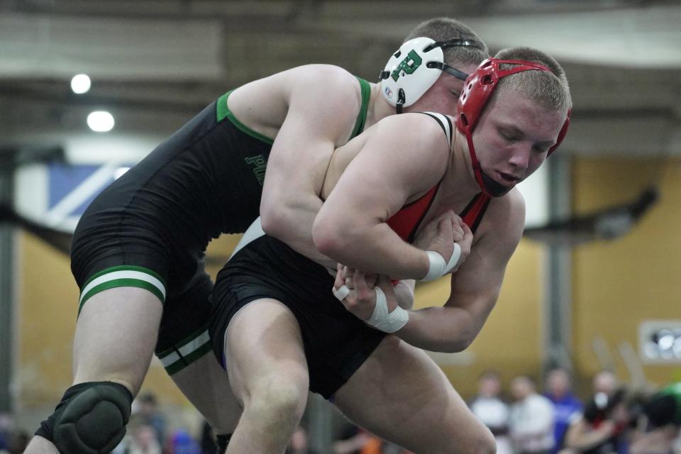 Ponaganset's Joseph Joyce, shown wrestling against Coventry's Sebastian Armstrong on Saturday, has become one of the nation’s top sophomores in the sport.