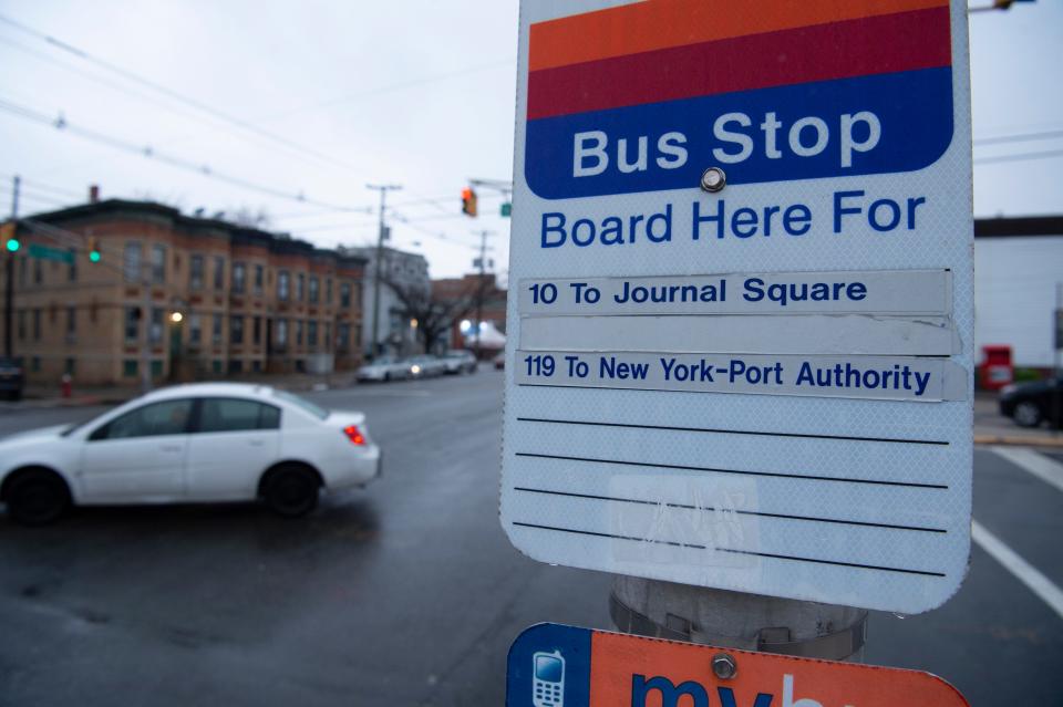 Bus stop sign on the corner of J.F. Kennedy Blvd and McAdoo Ave in Jersey City, N.J. on Wednesday April 6, 2022. 