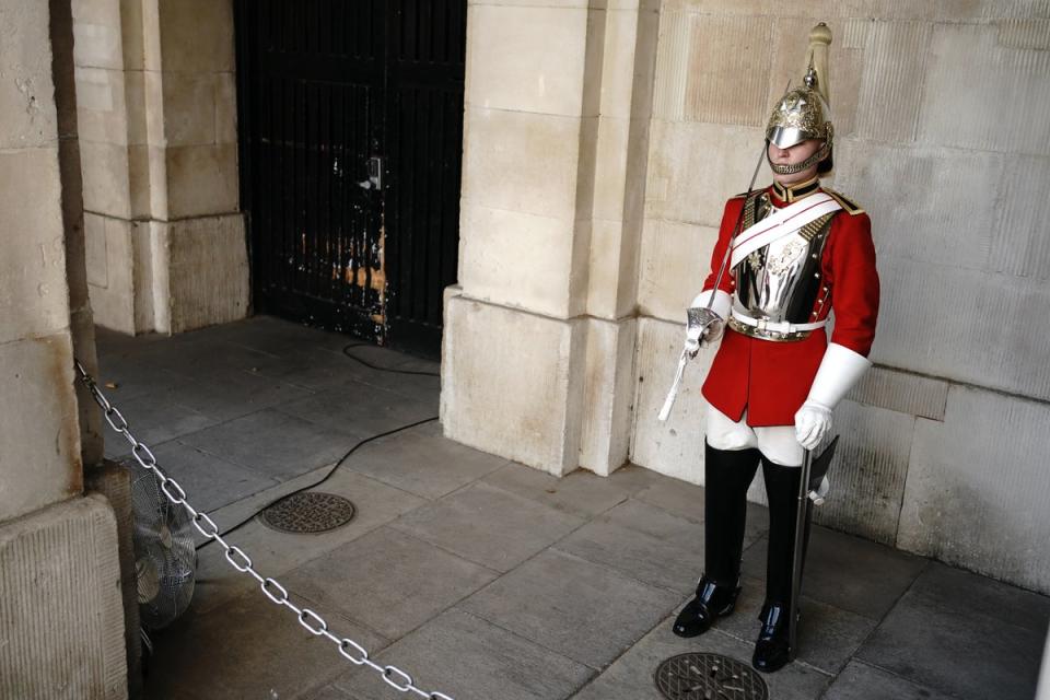 A member of the Household Troop had a fan placed next to him at Horse Guards Parade in central London (Aaron Chown/PA) (PA Wire)