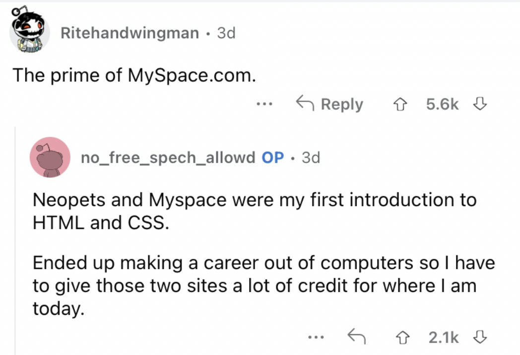 Reddit screenshot about how the prime of MySpace was fun for many people.