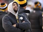 Pittsburgh Steelers injured safety Troy Polamalu looks on during the fourth quarter of their NFL football game against the Cleveland Browns in Cleveland