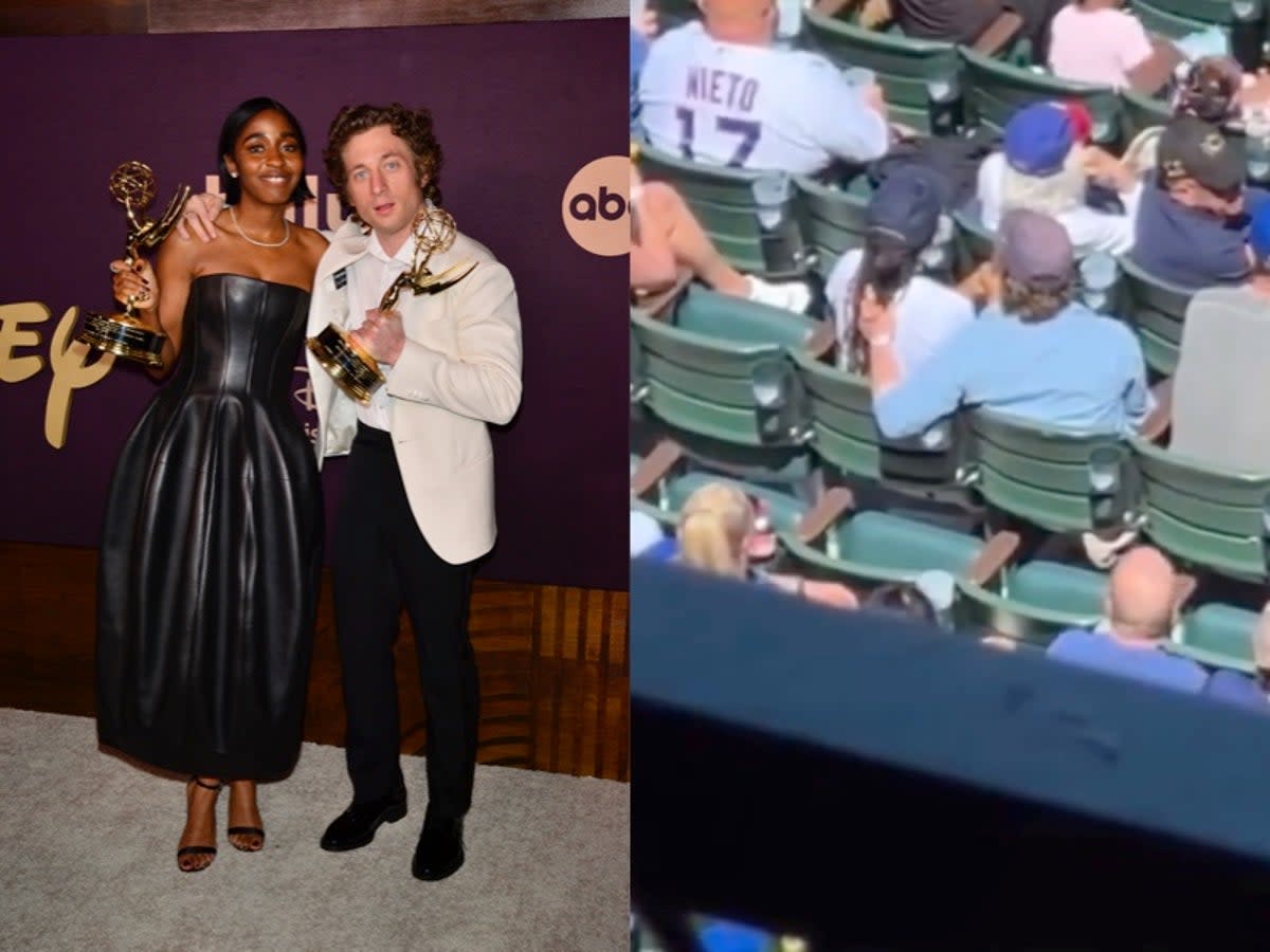 Video shows Jeremy Allen White and Ayo Edebiri sitting close at baseball game   (Getty / TikTok @Whatever3165)