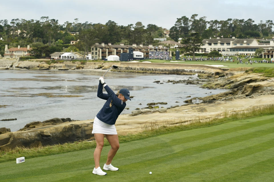 Bailey Tardy hits from the 18th tee during the second round of the U.S. Women's Open golf tournament at the Pebble Beach Golf Links, Friday, July 7, 2023, in Pebble Beach, Calif. (AP Photo/Godofredo A. Vásquez)