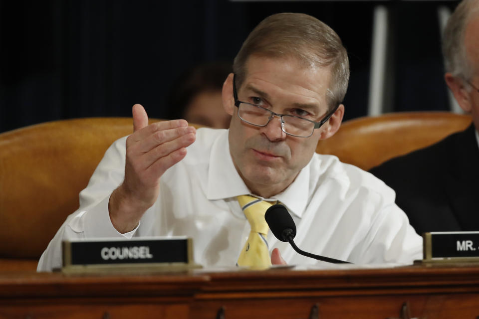 Rep. Jim Jordan, R-Ohio, questions former Ambassador to Ukraine Marie Yovanovitch as she testifies before the House Intelligence Committee on Capitol Hill in Washington, Friday, Nov. 15, 2019, during the second public impeachment hearing of President Donald Trump's efforts to tie U.S. aid for Ukraine to investigations of his political opponents. (Photo: Alex Brandon/AP)