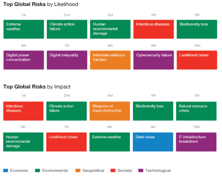 Top global risks by likelihood and impact, according to global leaders surveyed by the World Economic Forum (WEF). Chart: WEF Global Risks Report 2021