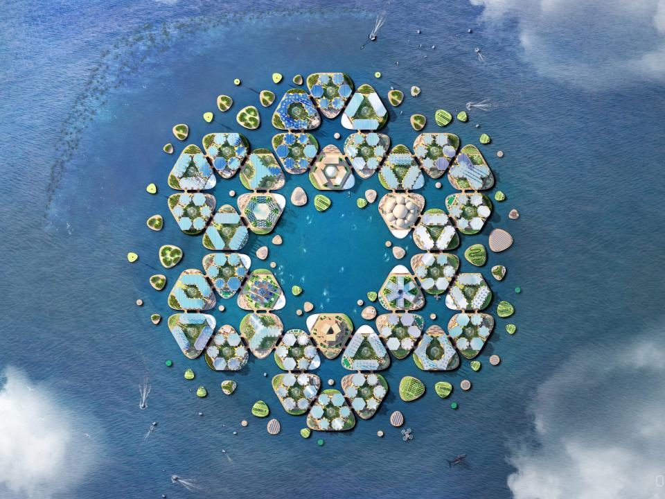 Aerial view of the floating platforms, which are arranged in a hexagonal shape.