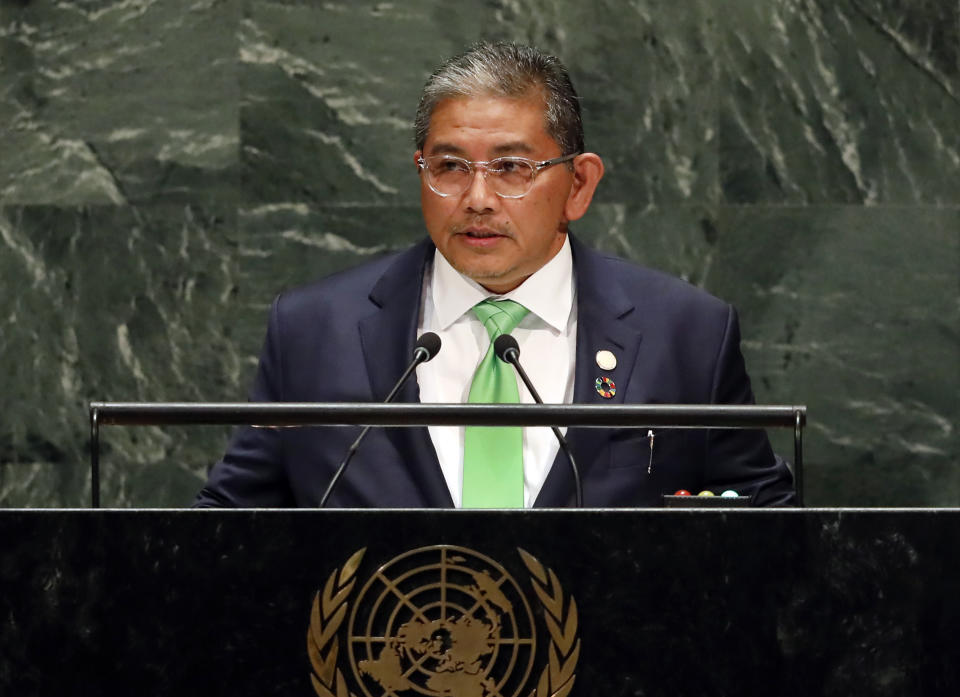 FILE - In this Sept. 30, 2019, file photo, Dato Erywan Pehin Yusof, Second Minister for Foreign Affairs and Trade of Brunei, addresses the 74th session of the United Nations General Assembly in New York. Southeast Asian foreign ministers (ASEAN) on Wednesday, Aug. 4, 2021, picked Erywan Yusof as their special envoy to Myanmar, in a breakthrough after months of delay for regional mediation to help end the country's deepening crisis. (AP Photo/Richard Drew, File)