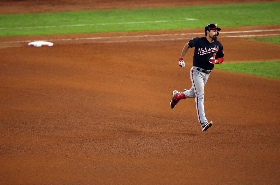 HOUSTON, TX - OCTOBER 30: Anthony Rendon #6 of the Washington Nationals rounds the bases after hitting a home run in the seventh inning of Game 7 of the 2019 World Series between the Washington Nationals and the Houston Astros at Minute Maid Park on Wednesday, October 30, 2019 in Houston, Texas. (Photo by Cooper Neill/MLB Photos via Getty Images)