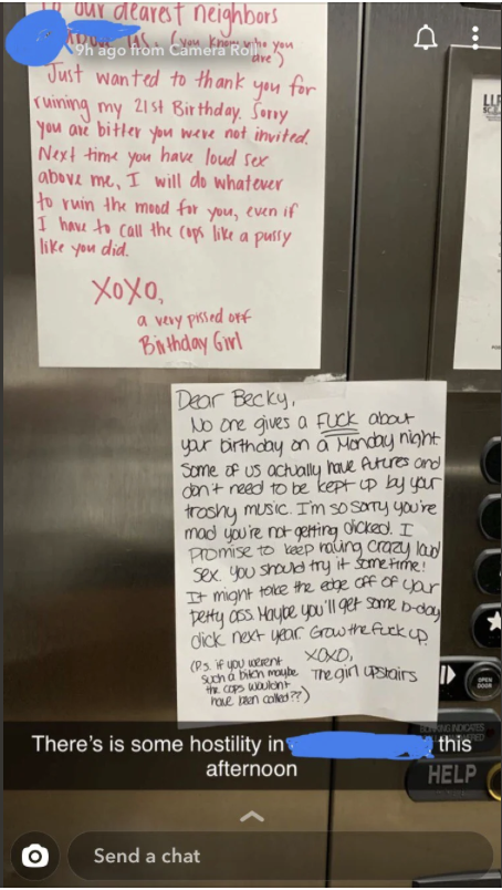 Two notes posted on a wall. One, from a "Birthday Girl," expresses anger about a ruined 21st birthday; the other note from "the girl upstairs" apologizes and defends having parties