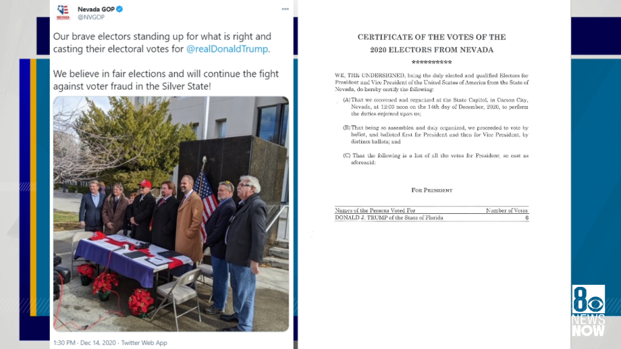 Nearly three years after a slate of Nevada Republican Party electors submitted fake electoral certificates, claiming former President Donald Trump won the 2020 election, Democratic state Attorney General Aaron Ford confirmed potential prosecution is not off the table. (Twitter/KLAS)