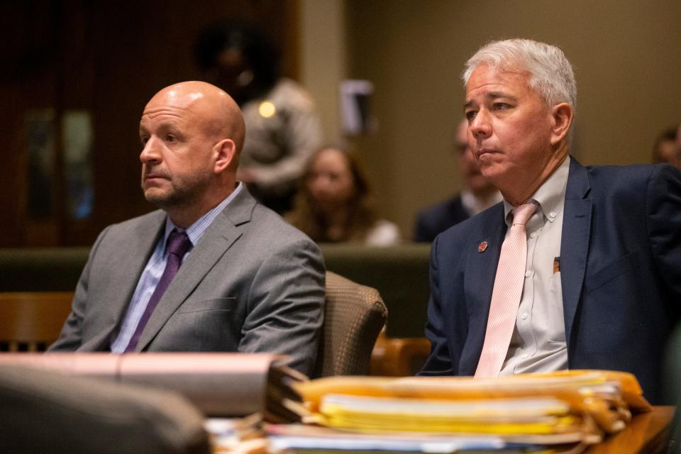 Shelby County Assistant District Attorney Paul Hagerman and Shelby County District Attorney Steve Mulroy sit during a court appearance in which Mulroy announced that his office would seek the death penalty in the case against Cleotha Abston-Henderson, the man accused of abducting and killing Eliza Fletcher, at the Shelby County Criminal Court in Memphis, Tenn., on Thursday, July 6, 2023. 