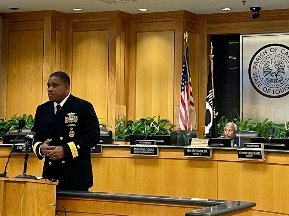 Rear Admiral Dion D. English (RDML)speaks to Caddo Parish citizens on March 21, 2023.