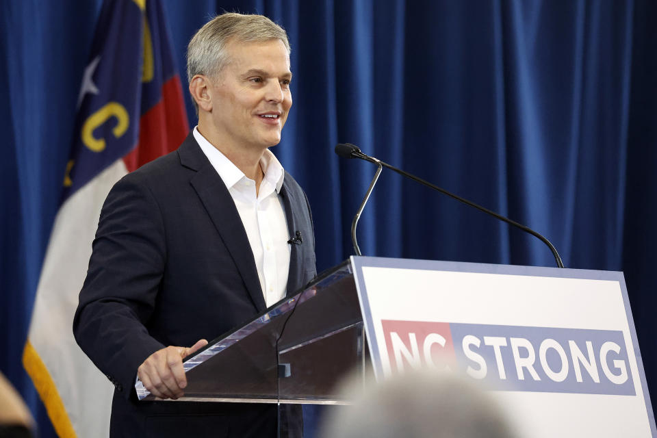 FILE - Democratic North Carolina gubernatorial candidate Josh Stein speaks at rally at Shaw University, Oct. 10, 2023, in Raleigh, N.C. North Carolina voters in the primary election on Tuesday, March 5, 2024, were choosing nominees for president and a host of other positions, from governor and attorney general to seats in the U.S. House the General Assembly and state judgeships. (AP Photo/Karl B DeBlaker, FIle)