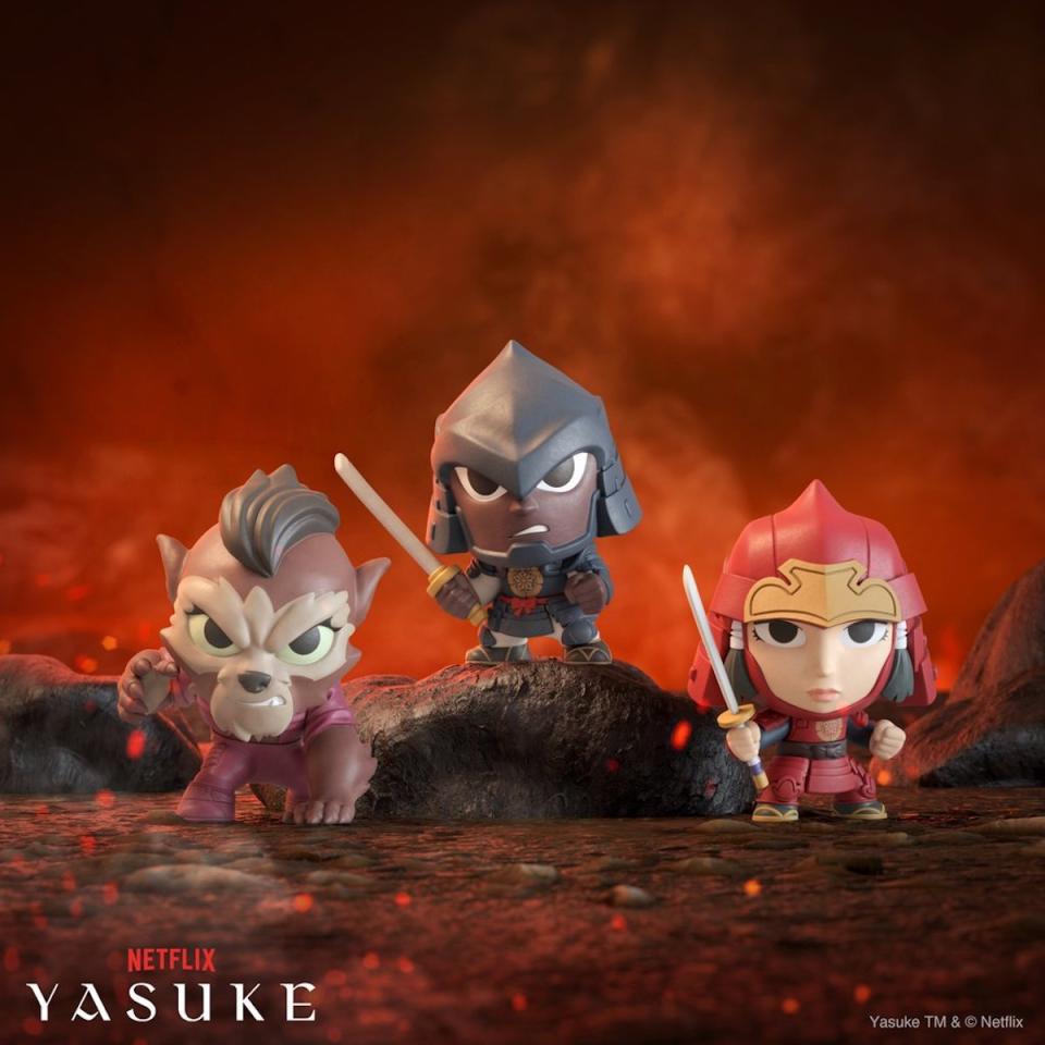 Three-inch cartoon action figures for (left to right) Nikita in Beast Mode, Yasuke and Achojah, all against a red background