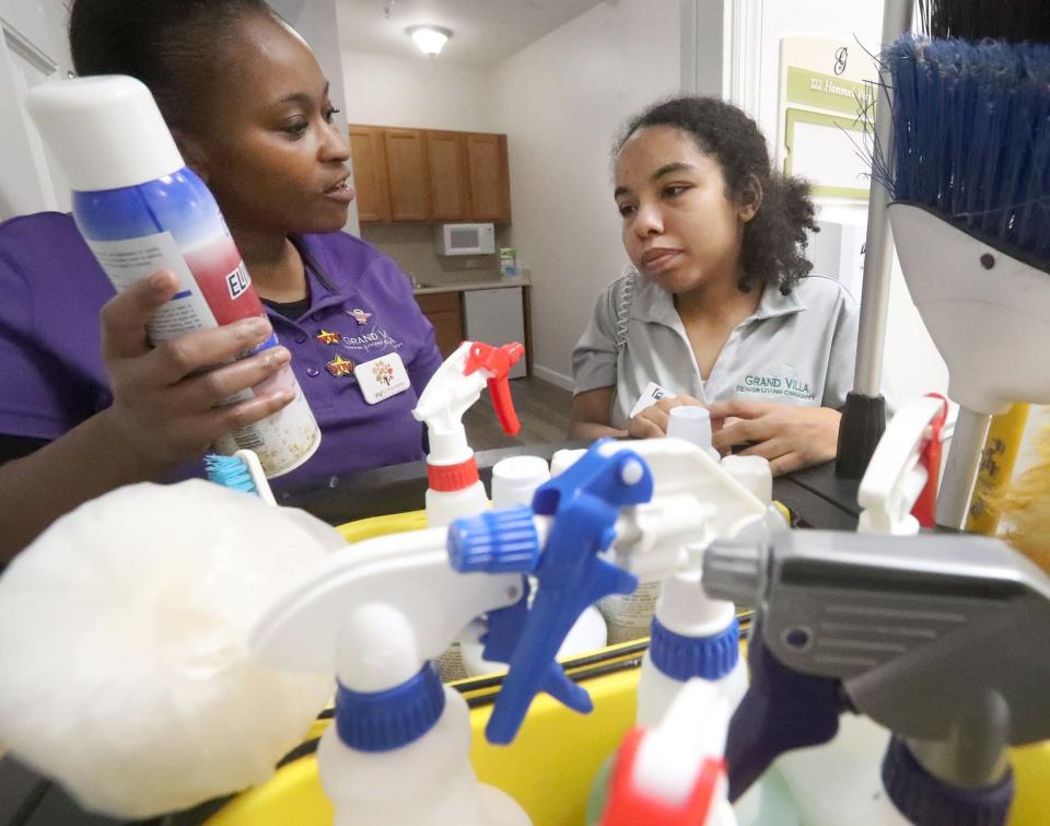 Project SEARCH student Nadia Adkins, right, works a rotation in house keeping with mentor Shekela Johnson, Thursday, Dec. 15, 2022, at Grand Villa in Palm Coast. Project SEARCH is a national program for students with disabilities who complete one-year internships to gain work experience and employability skills.