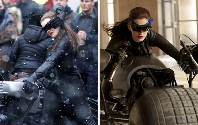 <b>Movie star stunt doubles</b><br><br> <b>Spot the difference…</b> is that <b>Anne Hathaway’s</b> Catwoman on a bike, or her stunt woman? It’s tough to tell with the cat-mask. (Credit: Rex) <br><br><b>[Related gallery: <a href="http://uk.movies.yahoo.com/photos/best-movie-star-lookalikes-slideshow/" data-ylk="slk:Best movie star lookalikes;elm:context_link;itc:0;sec:content-canvas;outcm:mb_qualified_link;_E:mb_qualified_link;ct:story;" class="link  yahoo-link">Best movie star lookalikes</a>]</b>