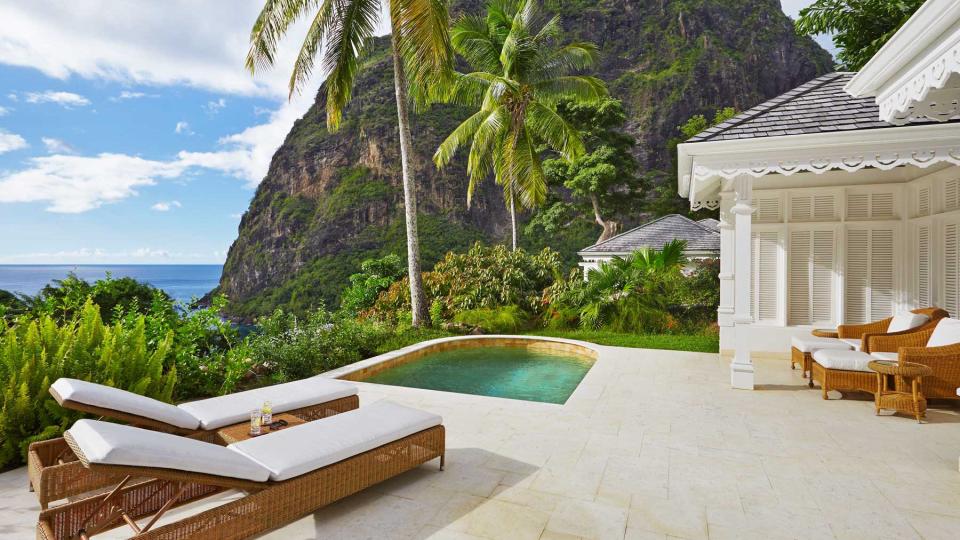 A pool deck at Sugar Beach, a Viceroy Resort, voted one of the best resorts in the Caribbean