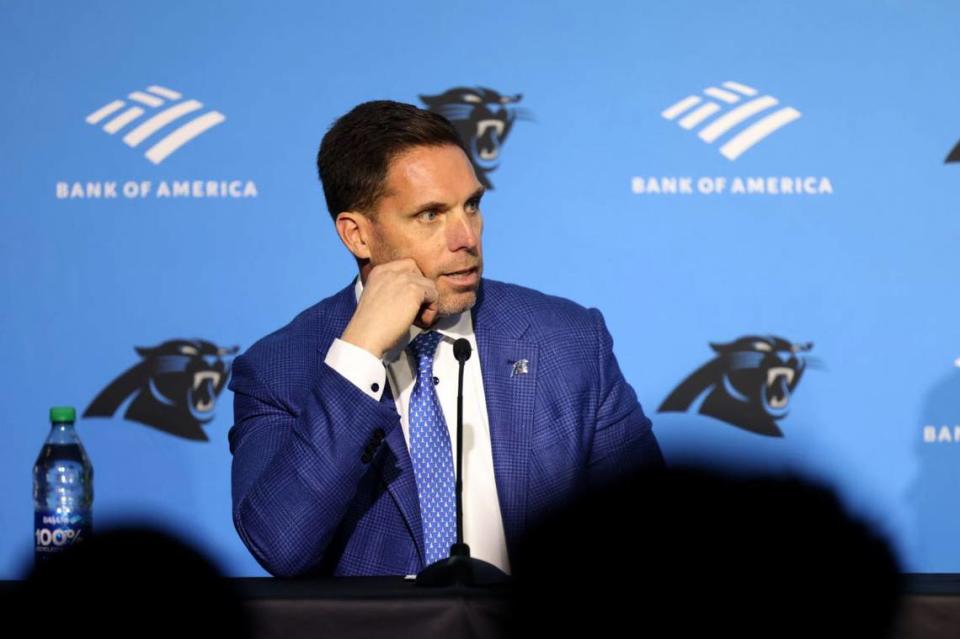 New Carolina Panthers geeral manager Dan Morgan introduces Panthers new head coach Dave Canales Thursday morning, Feb. 01, 2024.